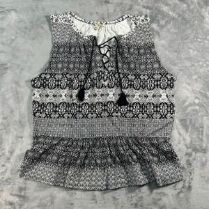 Lucky Brand Black White Tribal Print Peasant Tassel Lace Up Tunic Top L